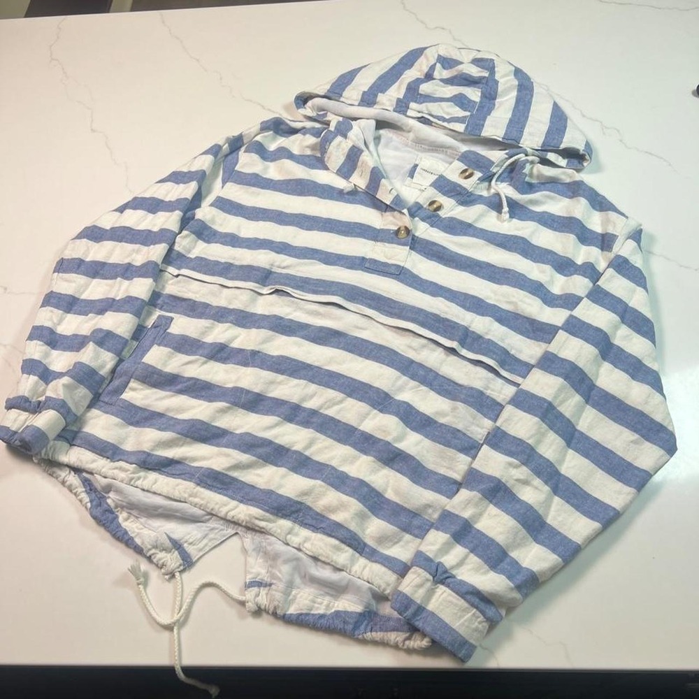 Thread & Supply Anorak Women Blue White Striped Hooded Henley Pullover M